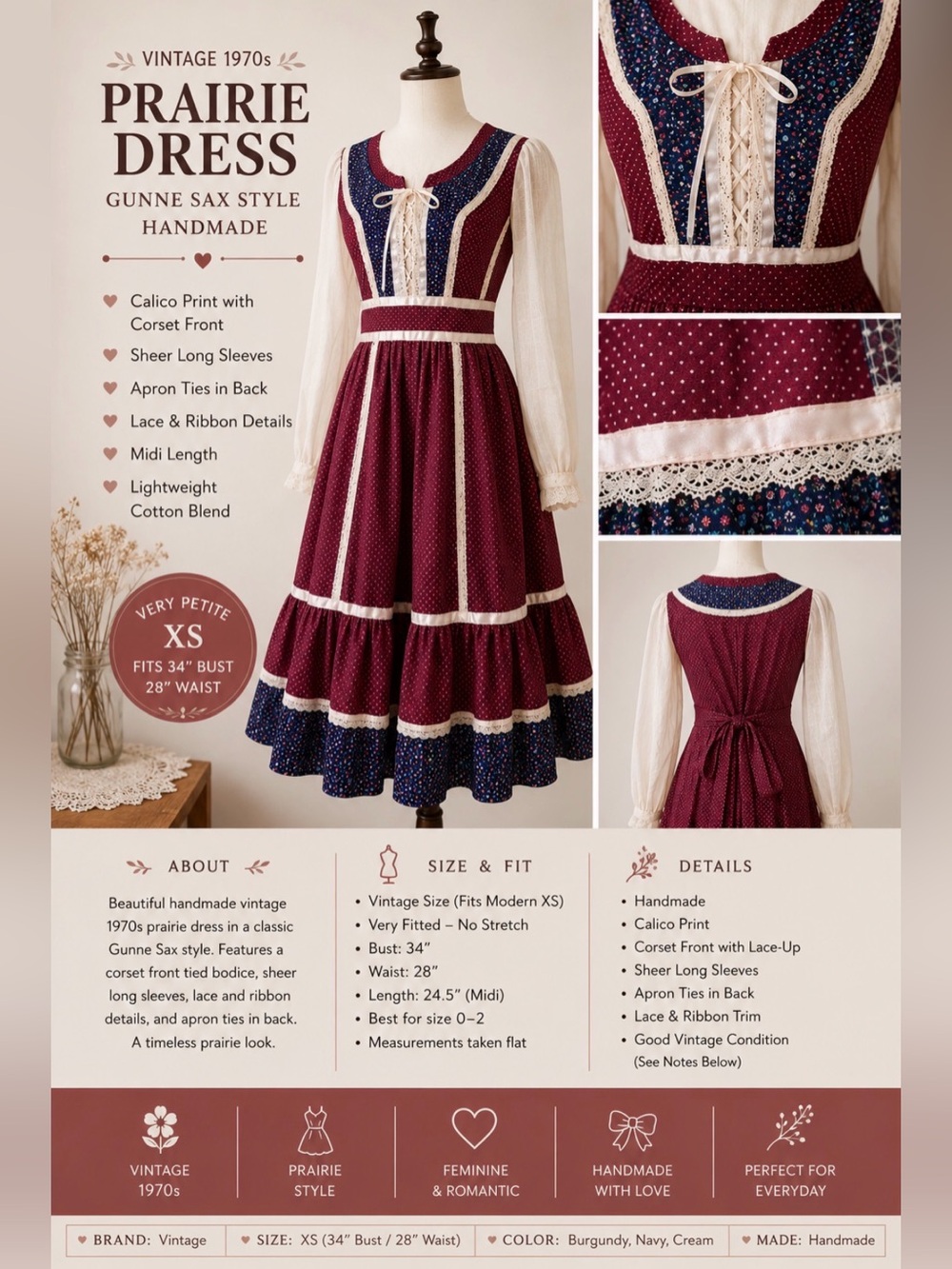 *Vintage 1970s - handmade- Gunne Sax Inspired Prairie Dress calico, lace up